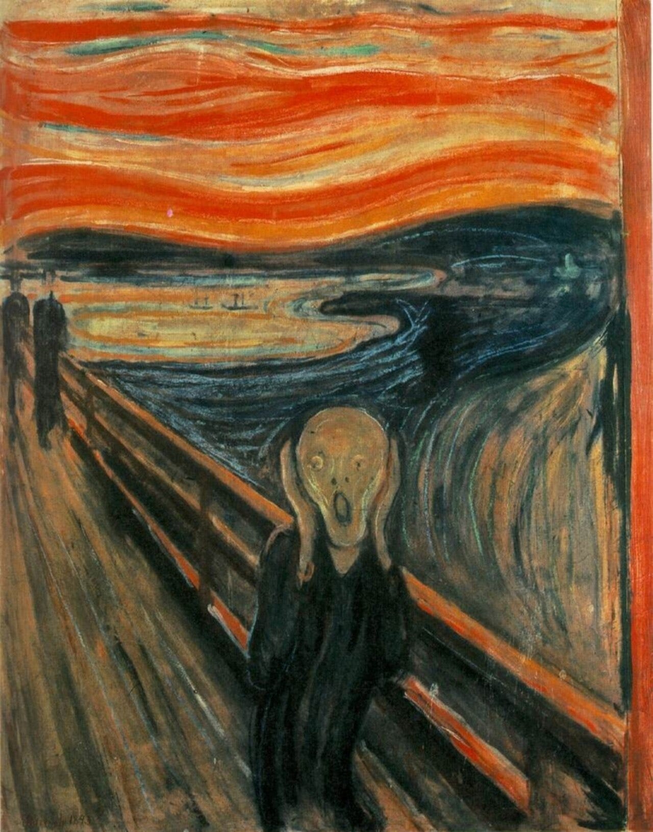 A figure clutching its face on a bridge under a red sky A figure clutching its face on a bridge under a red sky