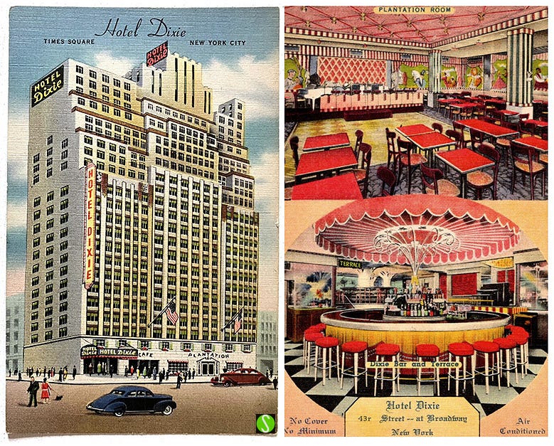 vintage postcards of The Hotel Dixie in Times Square, NYC. Exterior and interior bars