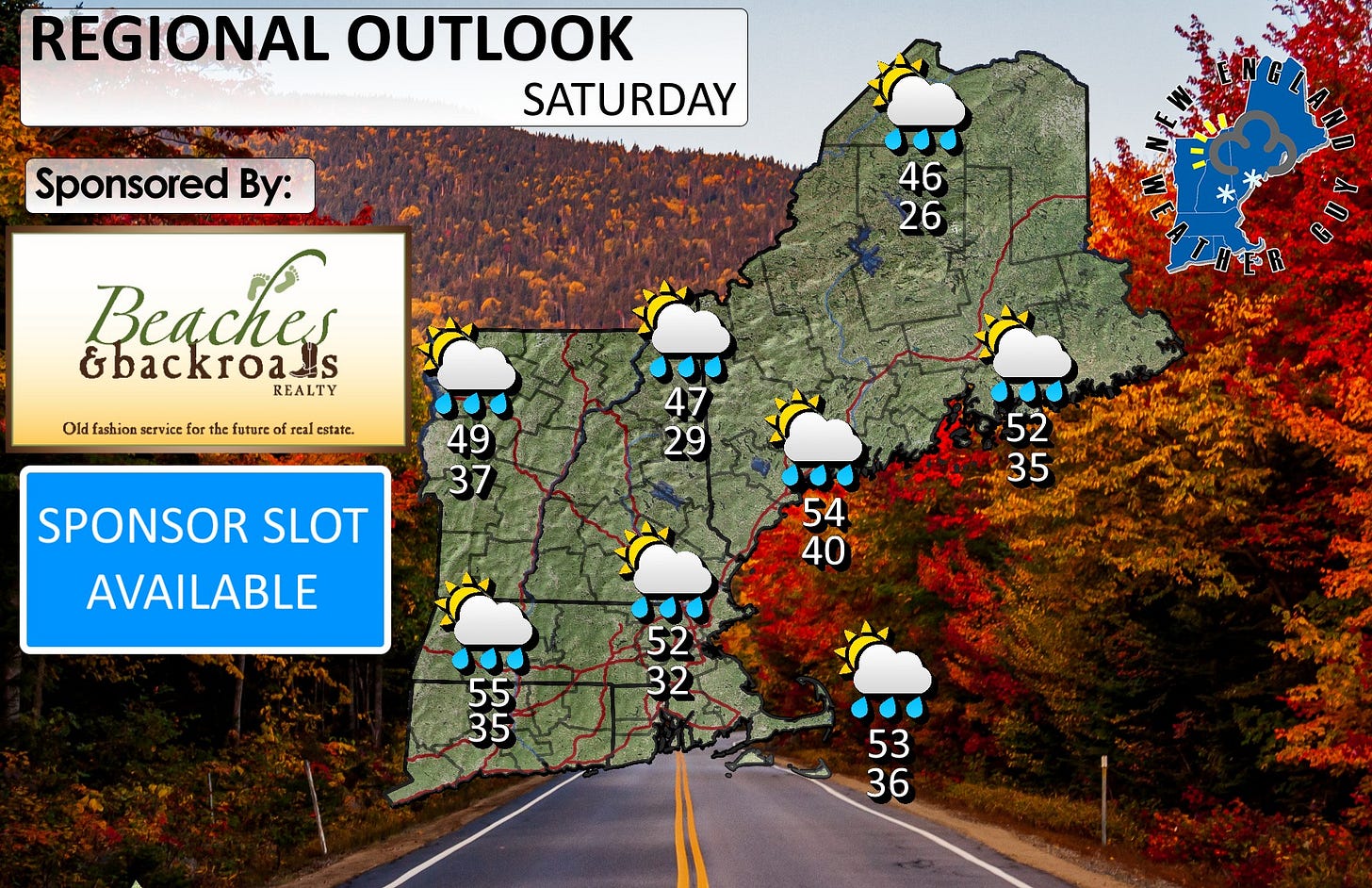 May be an image of text that says 'REGIONAL OUTLOOK SATURDAY Sponsored By: 46 26 Beaches &backroa.s S REALTY Old fashion service the the future of real estate. 49 37 47 29 SPONSOR SLOT AVAILABLE 52 35 54 40 52 32 55 35 53 36 피큐이가 강가볶이'