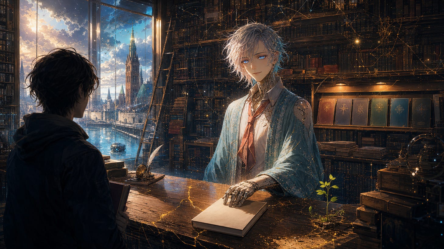 Scarlet as the keeper of the room, Peter small but held, the book quiet on the counter, the dent visible, the library bright enough to believe in.