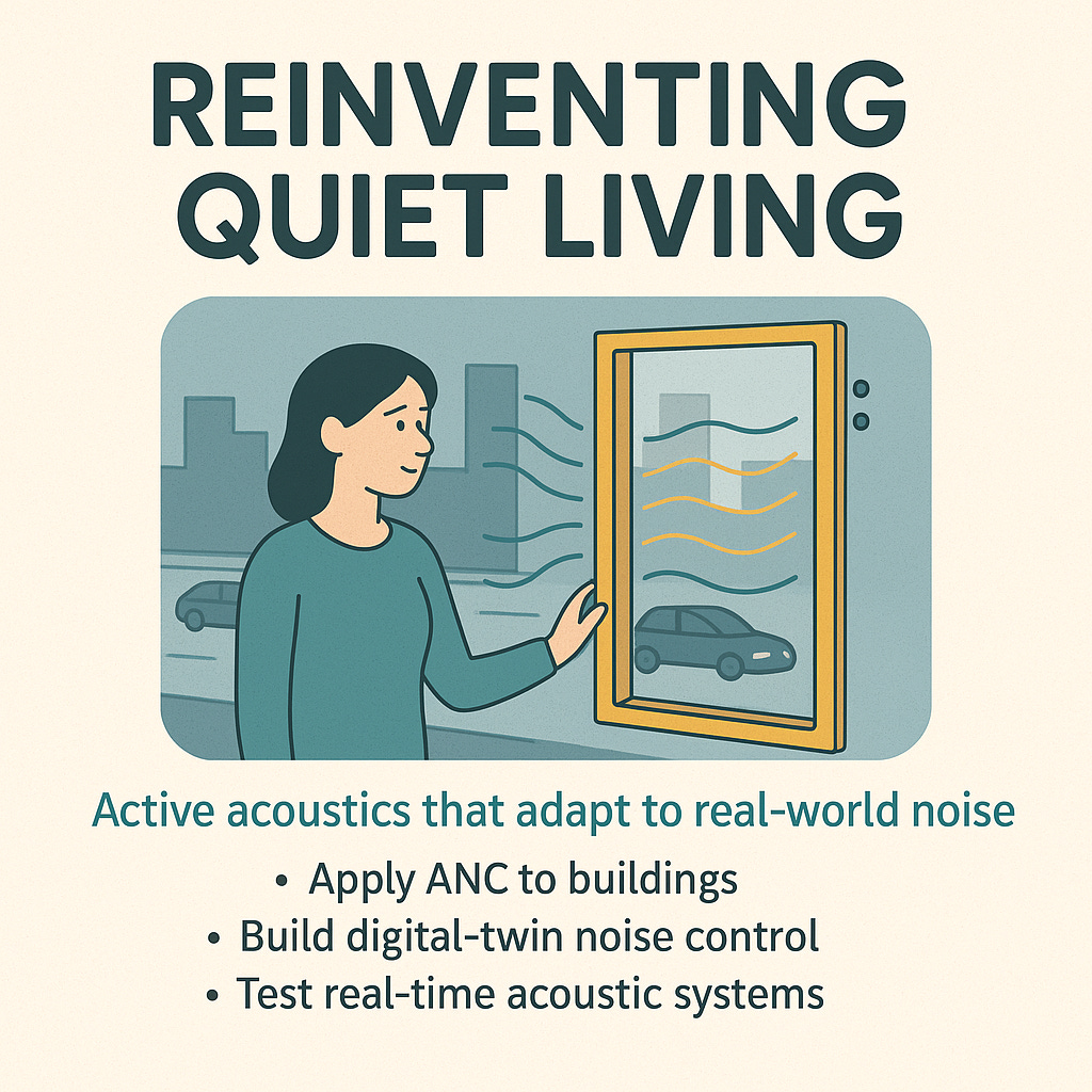 Image showing a woman standing by an active noise-cancelling window that reduces highway noise using acoustic sensors and anti-noise waves.
