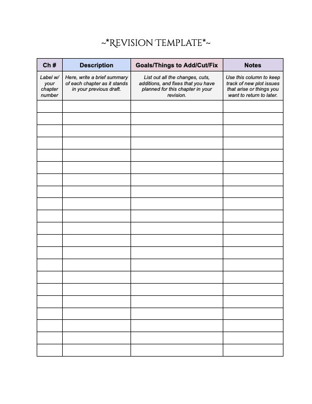 Revision spreadsheet