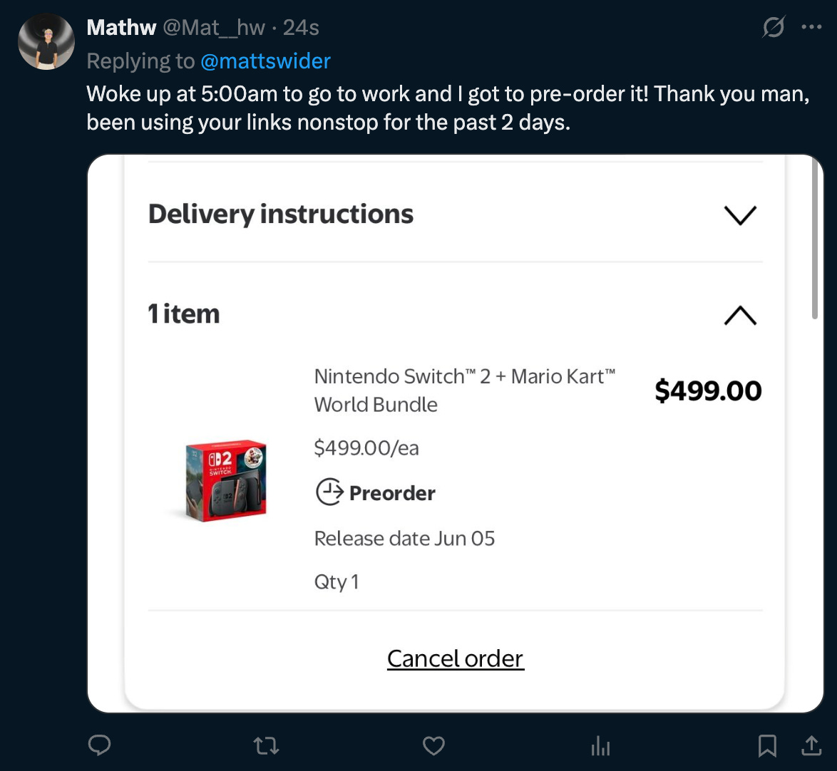Twitter/X post showing that Walmart has Nintendo Switch 2 pre-orders in stock on April 26, 2025 Twitter/X post showing that Walmart has Nintendo Switch 2 pre-orders in stock on April 26, 2025