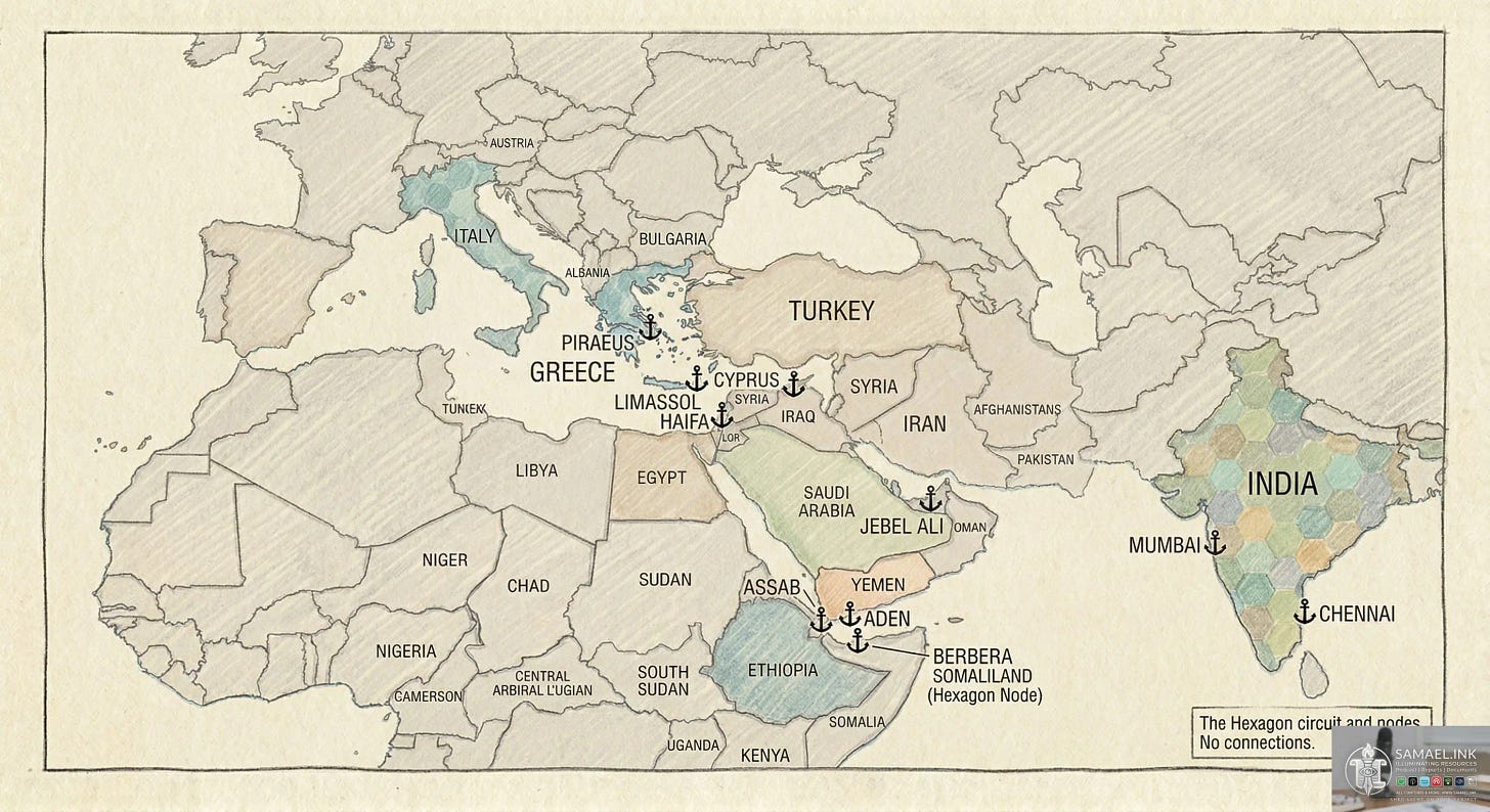 A detailed, hand-drawn and colored map on aged paper, presented in a sketchbook style. The map spans from Southern Europe and North Africa across the Middle East to India. A specific set of "Hexagon Nodes"—including the countries of Greece, Cyprus, Israel, the UAE, Ethiopia, and India—are highlighted with a colorful, interlocking hexagonal cell pattern. Major maritime ports in these nodes, such as Piraeus, Haifa, Limassol, Aden, Jebel Ali, and Chennai, are marked with bold anchor icons. Other neighboring countries, including Turkey, Iran, Egypt, and Saudi Arabia, are rendered in muted, neutral tones. The map has clear, black text labels. A distinct text box in the bottom right corner explicitly states: "The Hexagon circuit and nodes. No connections." The overall style is informational and stylized, emphasizing the distribution of the maritime "mesh."