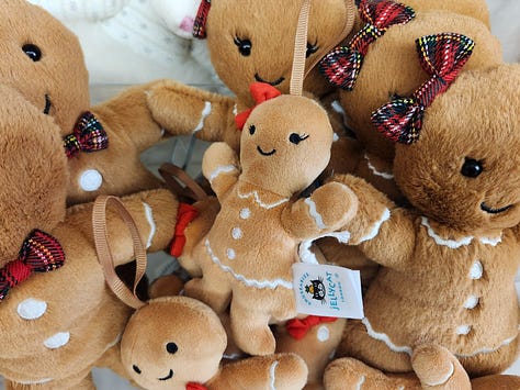 Jelly Cat stuffed toy gingerbread men, journals, art soap displays
