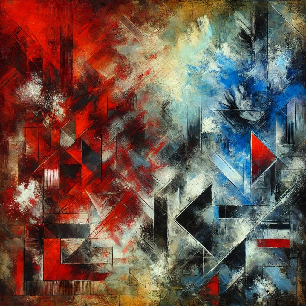 An abstract painting representing political turmoil and ideological conflict. The composition features bold, clashing colors such as deep reds, stark blacks, and electric blues, symbolizing tension and division. Chaotic, overlapping brushstrokes create a sense of movement and struggle. Geometric shapes, fragmented and disjointed, suggest fractured alliances and shifting power dynamics. The background has textured layers, evoking historical weight and unresolved conflicts. The overall feeling is one of instability and urgency, capturing the intensity of contemporary geopolitical discourse.