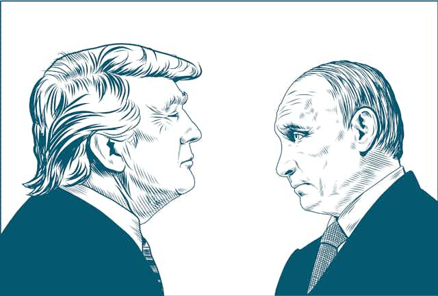 A drawing of Trump and Putin facing each other. A drawing of Trump and Putin facing each other.