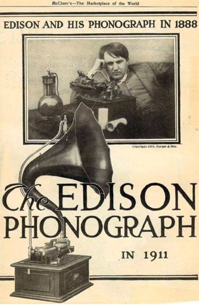 A sepia photo of an advertisement of Edison and his phonograph.