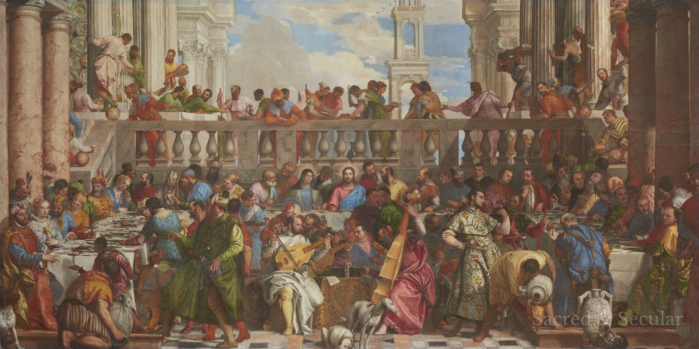 Detail from Paolo Veronese’s The Wedding at Cana, showing Jesus among a crowded wedding feast as servants attend to large vessels in the foreground.