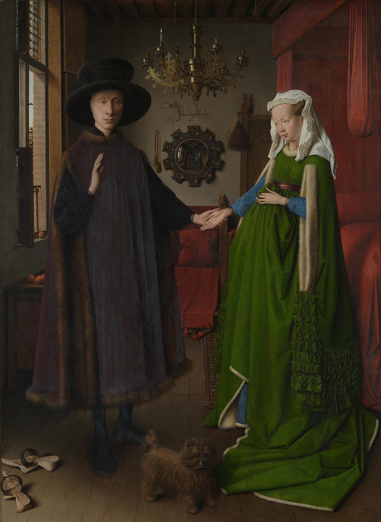 Van Eyck double portrait of a man and a woman in a green gown in a Bruges interior Van Eyck double portrait of a man and a woman in a green gown in a Bruges interior