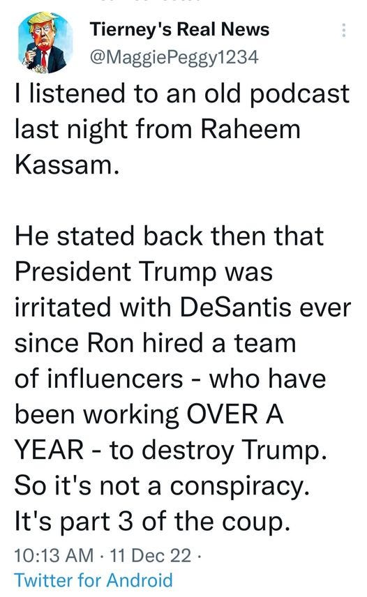 May be a Twitter screenshot of 1 person and text that says 'Tierney' Real News @MaggiePeggy1234 I listened to an old podcast last night from Raheem Kassam. He stated back then that President Trump was irritated with DeSantis ever since Ron hired a team of influencers who have been working OVER A YEAR- to destroy Trump. So it's not a conspiracy. It's part 3 of the coup. 10:13 AM 11 Dec 22. Twitter for Android'
