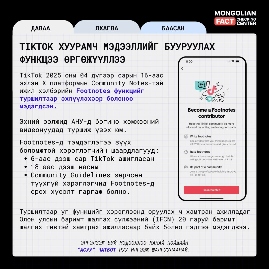 May be an image of map and text that says 'ДАВАА ЛХАГ ВА MONGOLIAN БААСАН CENTER ΙΟК ХУУРАМЧ мэдэЭллийг БУУРУУЛАХ фУнКцэЭ ΘΡΓΘЖУЛЭЭ TikTok 2025 оны 04 дугээр сарын 16-аас эхлэн платформын Community Notes-Tai ижил хэлбэрийн Footnotes функцийг туршилтаар эхлуулэхээр болсноо Эхний ээлжид АНУ-Д богино хэмжээний видеонуудад туршиж узэх юм Весоте Footnotes contributor Footnotes- гэмдэглэгээ зγух боломжтой хэрэглэгчийн шаардлагууд: 6-аас ДЭЭШ сар TikTok ашигласан ·18-аа дээш насны Community Guidelines зерчсен Тγγхгγ Footnotes- opox хусэлт гаргаж болно. Туршилтаар уг функцийг оруулах хамтран ажилладаг Олон улсын баримт шалгах сулжээний (IFCN) 20 гаруй баримт шалгах тевтэй хамтрах ажилласаар байх болно гэдГээ МЭдэг джээ. ЭРГЭЛЗЭЖ БУЙ МЭДЭЭЛлЭЭ МАНАЙ пЭйжийн "АСУУ" ЧАТБОТ РУУ илгЭэж ШАлГУУЛААРАЙ.'