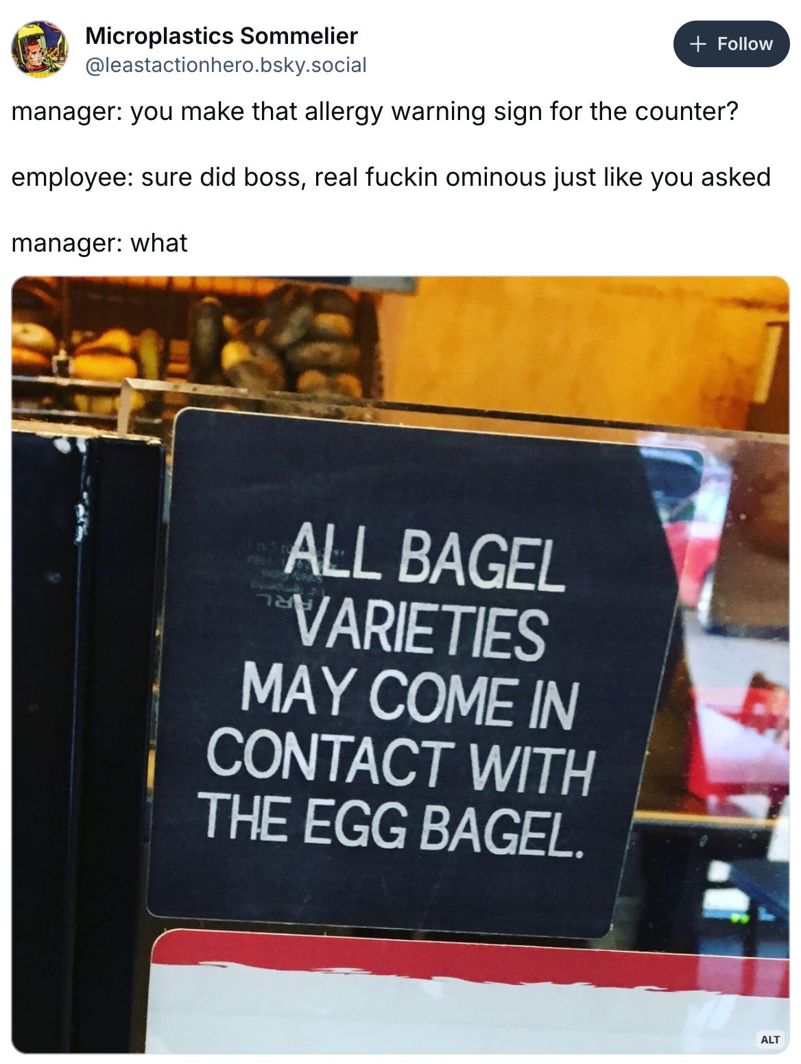   Microplastics Sommelier ‪@leastactionhero.bsky.social‬  Follow manager: you make that allergy warning sign for the counter?  employee: sure did boss, real fuckin ominous just like you asked  manager: what Bagel store sign  ALL BAGEL VARIETIES MAY COME IN CONTACT WITH THE EGG BAGEL.