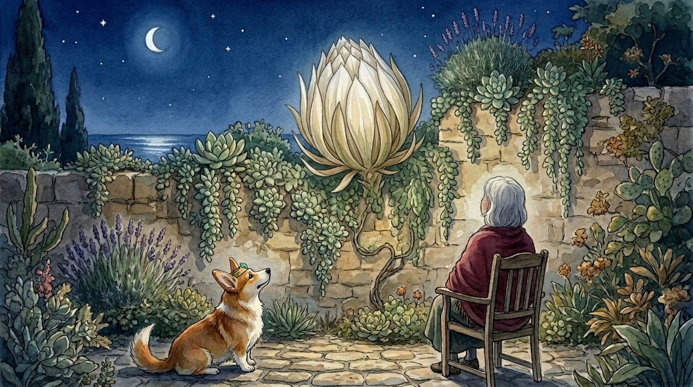 Prince Freddie watches over a closed night-flower in Señora Benilde's Spanish garden — bedtime sleep story illustration.