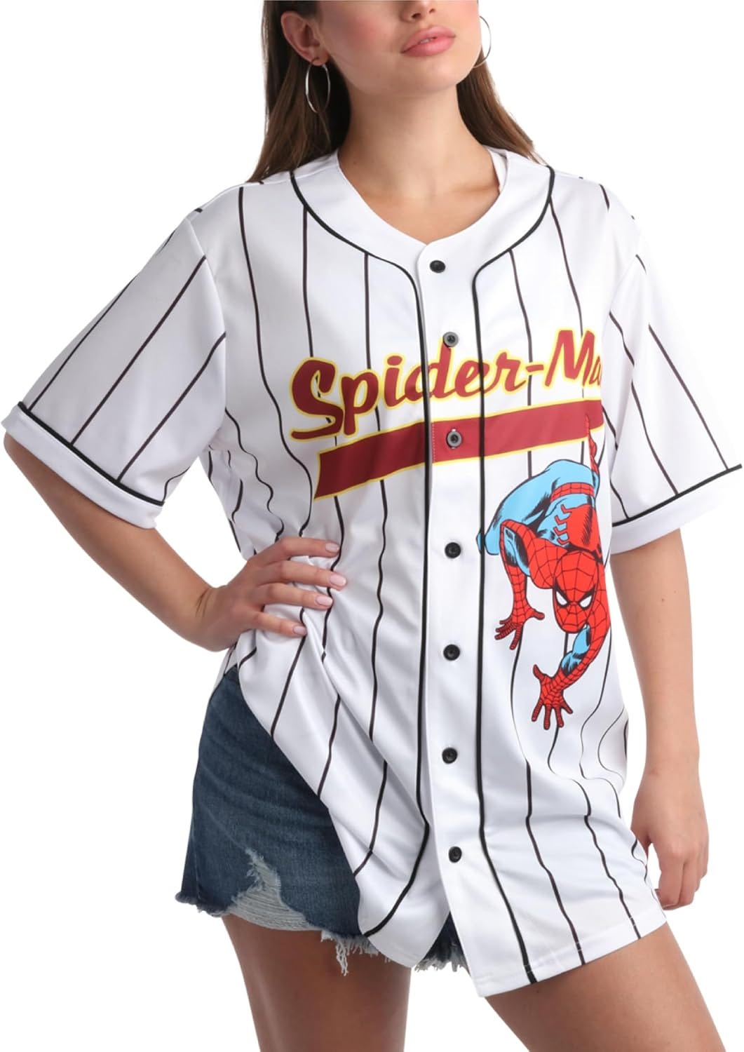 Marvel Women's Spider-Man Baseball Jersey - Novelty Fashion Spider-Man Uniform Shirt - Spidey Jersey Top for Women (S-L)