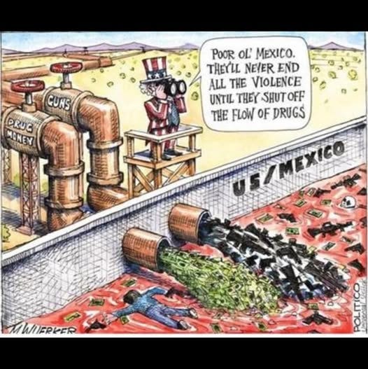 May be an image of text that says 'POOR OL' ΜΕχΙ. THEYLL NEVER END ALL THE VIOLENCE UNTIL THEY SHUT OFF THE FLOW OF DRUGS GUNS PRUG MONEY EY NE ME0u UF/MEXICO MAMERKER'