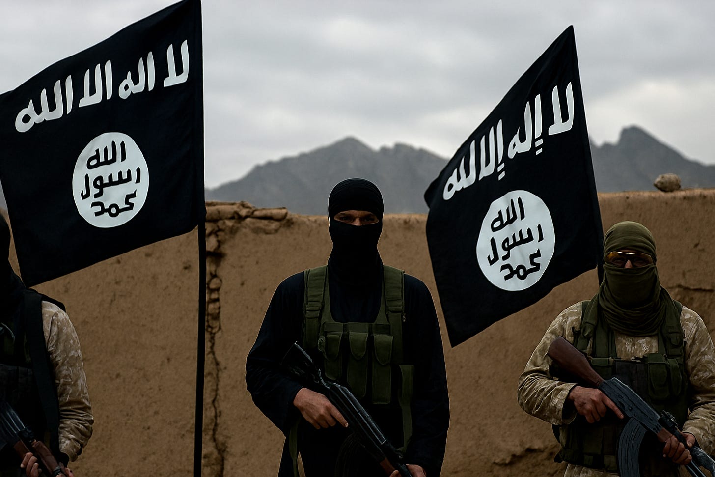 A tense geopolitical scene in northeastern Afghanistan showing Islamic State (ISKP) and Islamic Movement of Uzbekistan (IMU) fighters in fortified camps with tents and weapons, backed by Taliban forces and American drones overhead. The rugged terrain of the Wakhan Corridor is visible, with strategic border zones near China and Pakistan marked. In the background, symbolic flags of ISKP, IMU, and Taliban flutter, while surveillance drones hover above. A shadowy figure representing CIA influence watches from a distance, and economic targets like Chinese infrastructure and diplomatic buildings are subtly illustrated as potential threats.