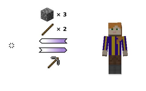 (C) player→void {cobblestone ×3, stick ×2}. (P) void→player {stone pickaxe}. (C) player→void {cobblestone ×3, stick ×2}. (P) void→player {stone pickaxe}.