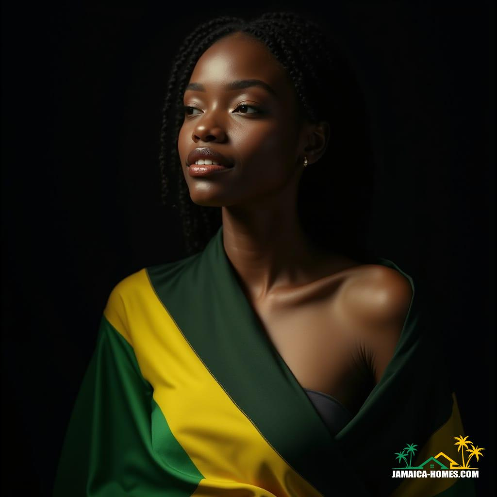  A beautiful woman wearing the Jamaican flag, set against a stark black background. Cinematic film still, shot on v-raptor XL, with noticeable film grain and a subtle vignette. The image is color graded and post-processed for a polished look, illuminated by dramatic cinematic lighting and captured on 35mm film for a live-action feel. It exudes atmospheric quality, aiming for the best quality, epic, stunning, and masterful result.