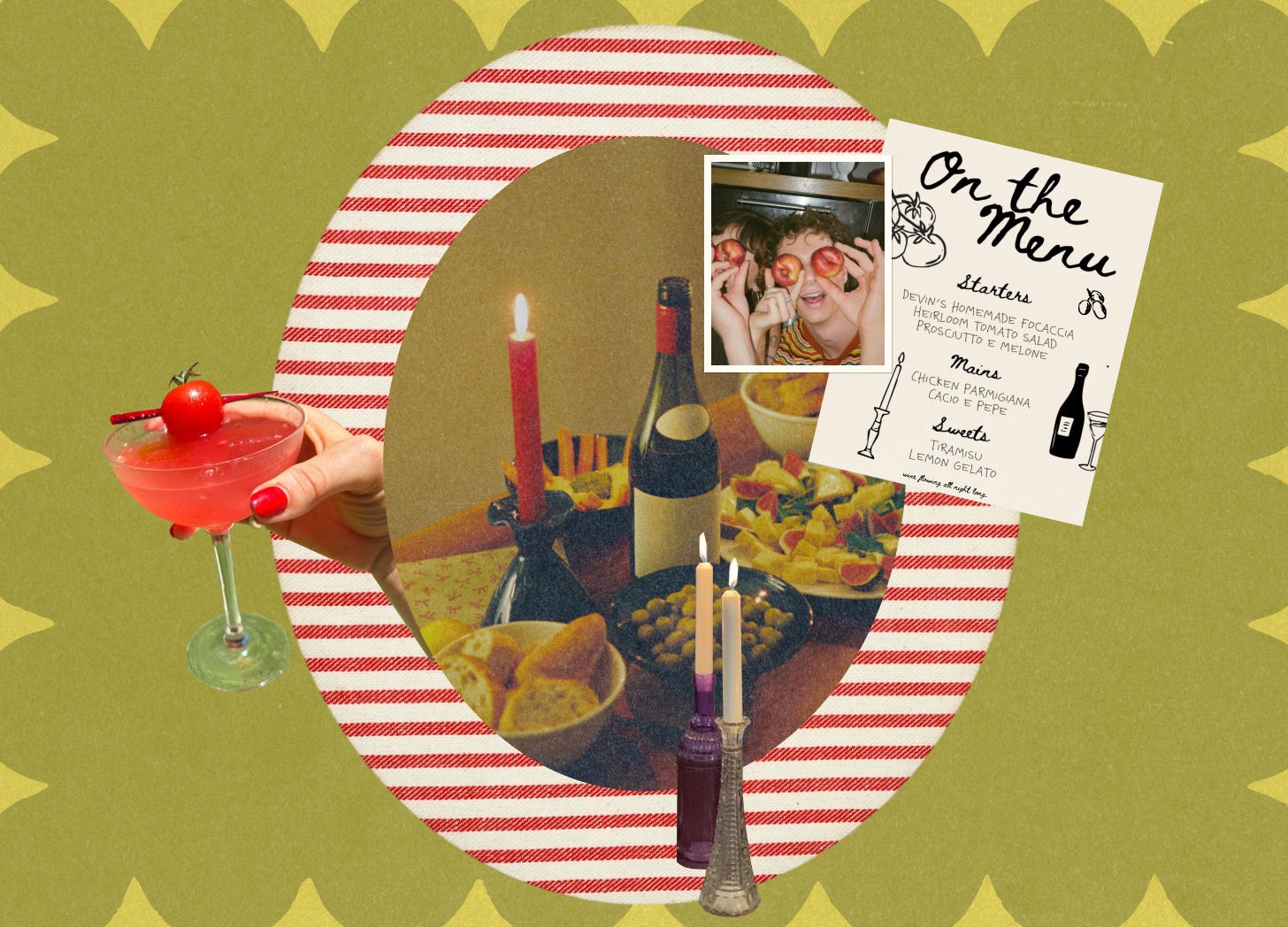 A collage showing a hand holding a pink cocktail garnished with a cherry tomato, a table set with food, wine, and candles, and a handwritten "On the Menu" card.