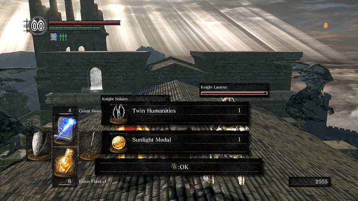 Screenshot of Bell Tower roof in Dark Souls showing the cloudy vista and sunshine rays through the clouds; a view of Bell Tower in Dark Souls