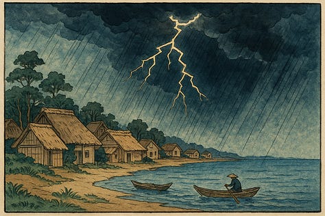 "Hand‑painted ukiyo‑e woodblock print of a thunderstorm approaching a small fishing village, traditional Japanese color palette." - by GPT-4o, Imagen 4, and Seedream 3.0 image models