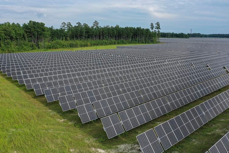 A solar farm in a field.