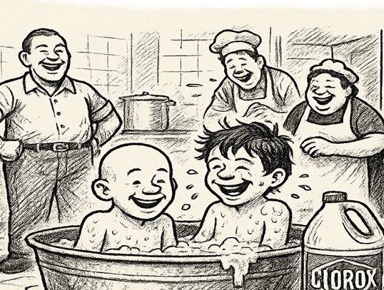 A cartoon of a group of people in a kitchen