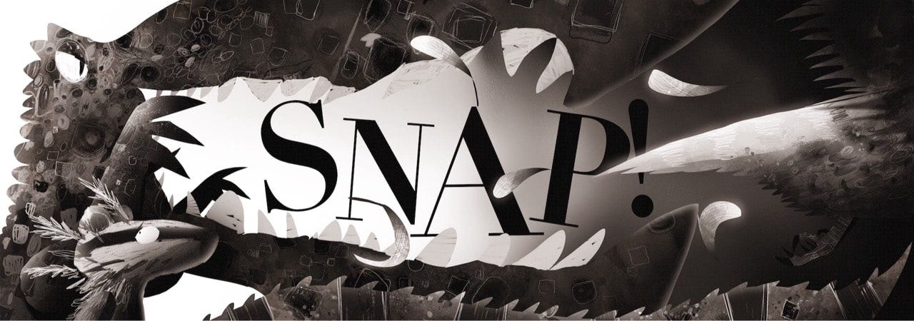 Detailed black and white illustration by Isaac Meardon featuring intricate linework, layered patterns, and a badger and crocodile with "SNAP" typography overlaid — graduate illustration work demonstrating delicate lighting and inventive composition