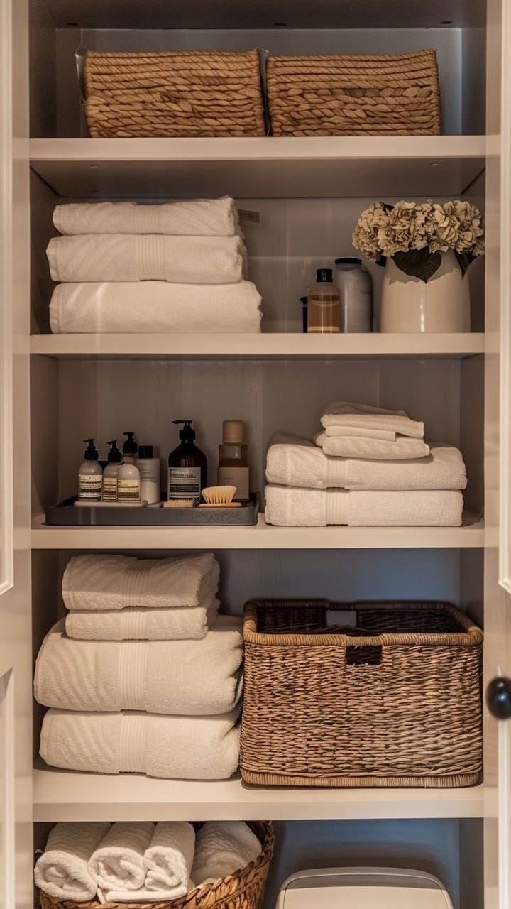 This may contain: an organized linen closet with baskets and towels