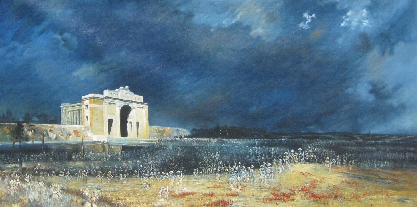 A blue night landscape: a pale stone memorial arch on the horizon, and in front of it a field of corn and red poppies filled with the faint, ghostly shapes of marching soldiers in steel helmets. A blue night landscape: a pale stone memorial arch on the horizon, and in front of it a field of corn and red poppies filled with the faint, ghostly shapes of marching soldiers in steel helmets.