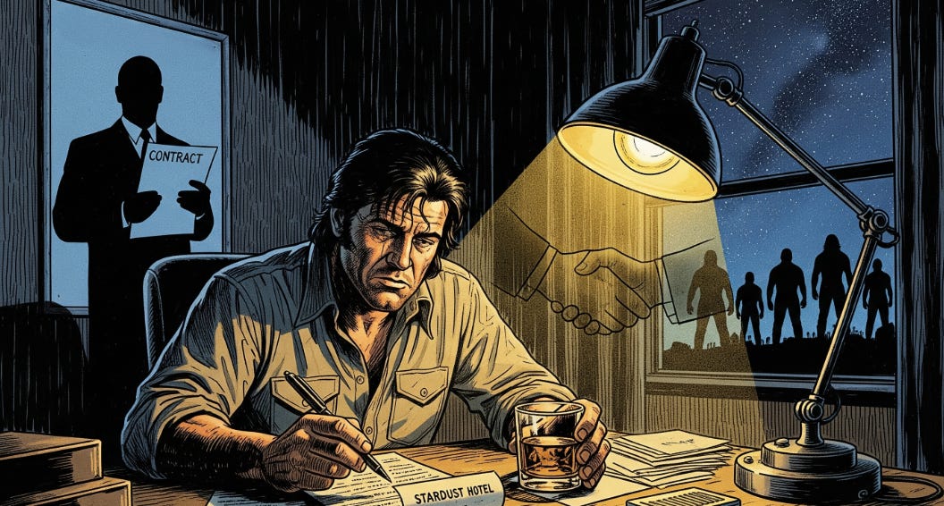 A dramatic, stylized illustration of GWA promoter Jack Carson in a 1970s hotel room. He is hunched over a desk, writing on a Stardust Hotel receipt. To his left, a ghostly image of a handshake fades in the warm lamplight. To his right, his shadow is cast on the wall as the silhouette of a man in a suit holding a contract. Through the window behind him, the silhouettes of wrestlers stand on the horizon under a starry Western sky, watching him. The style is heavily inked, resembling a graphic novel cover.