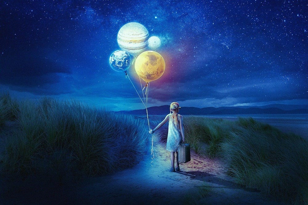 A girl with planets as balloons.