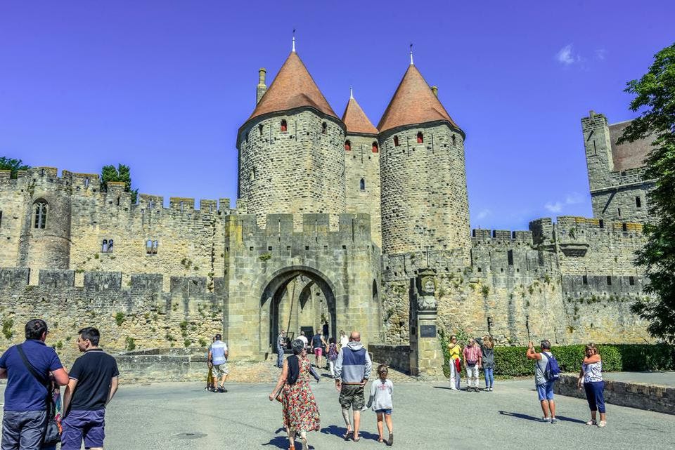The Narbonnaise gate where visitors enter Carcassonne.