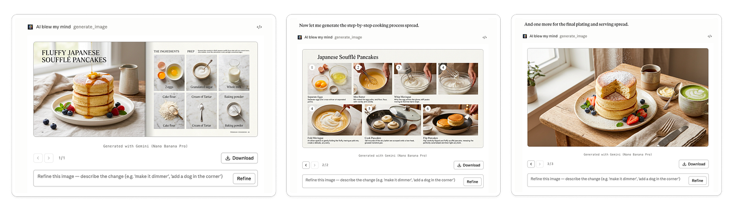 Screenshot of the Claude interface using AI BLEW MY MIND Amplifiers to generate a complete AI-created cookbook-style visual guide for fluffy Japanese soufflé pancakes with Nano Banana 2. The interface displays three generated editorial cookbook spreads: a hero ingredient page featuring a plated pancake stack with styled ingredient callouts, a numbered step-by-step cooking process infographic showing batter preparation and pancake cooking stages, and a final serving presentation with soft natural lighting and café-style food photography. The generated layouts combine realistic food textures, clean editorial design, cooking instructions, and premium cookbook aesthetics to demonstrate AI-powered infographic and recipe visualization workflows directly inside Claude.