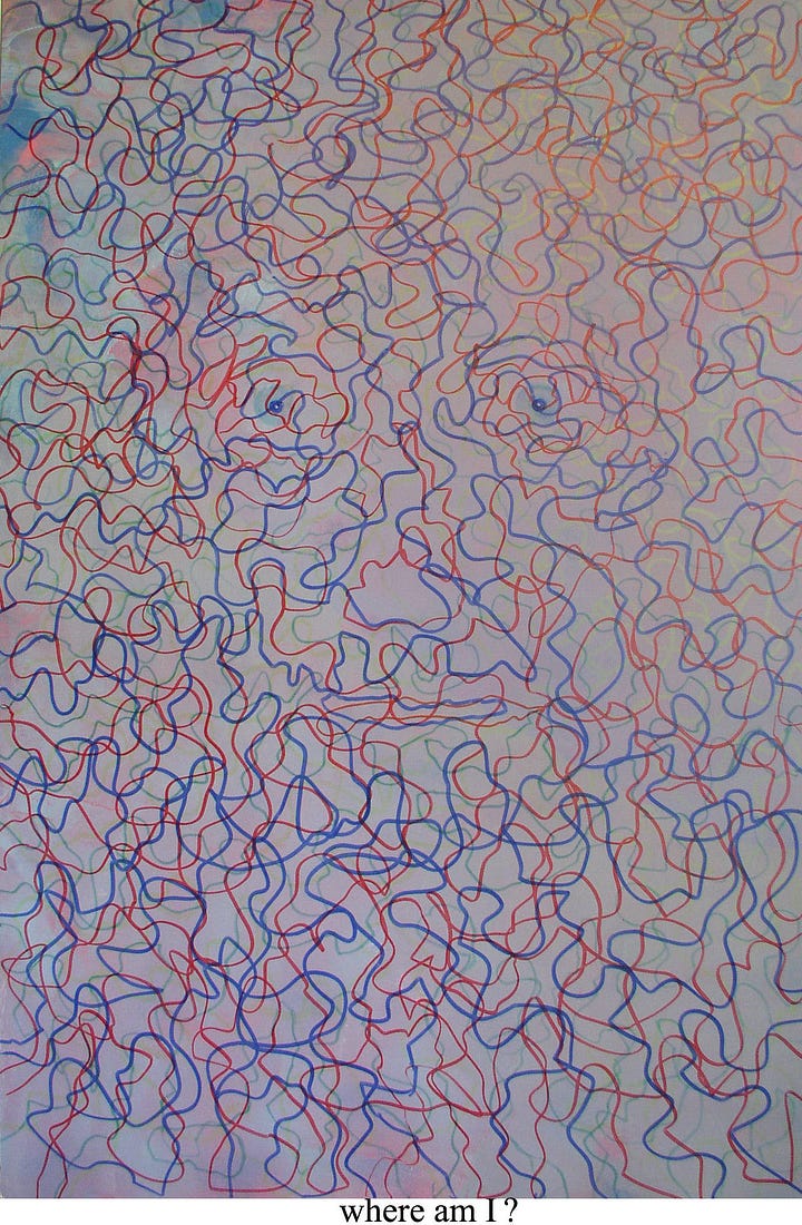 four portraits made of squiggly lines of magic marker, all faces with blue eyes staring out at viewer
