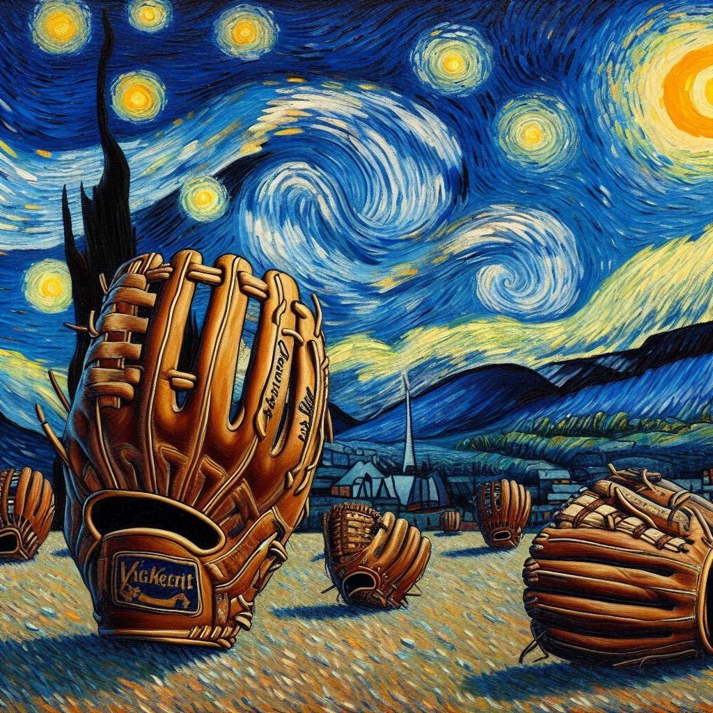 AI generated image in the style of Van Gogh of giant baseball gloves observing a starry night sky