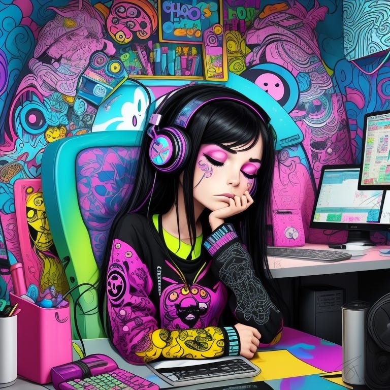 colourful image of young girl exhausted falling asleep at her desk