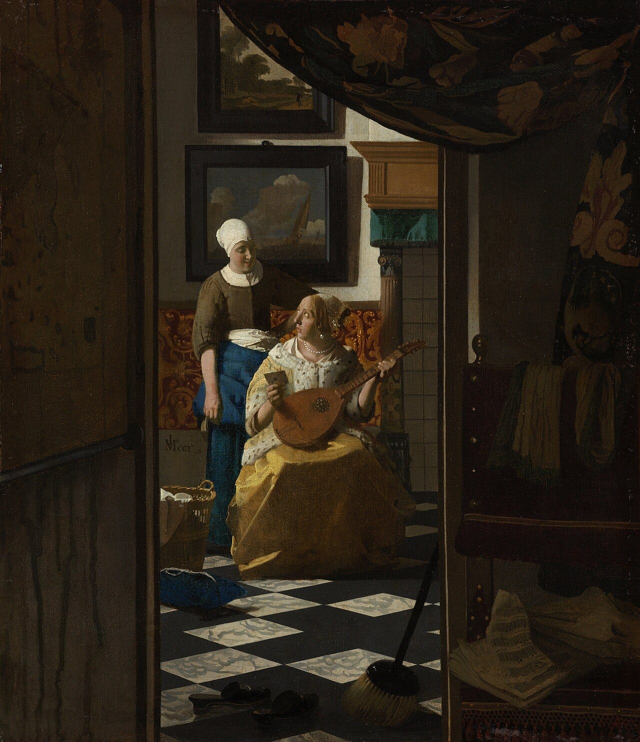The Love Letter by Johannes Vermeer: a maid hands a letter to a woman with a lute, slippers and a broom by the door The Love Letter by Johannes Vermeer: a maid hands a letter to a woman with a lute, slippers and a broom by the door