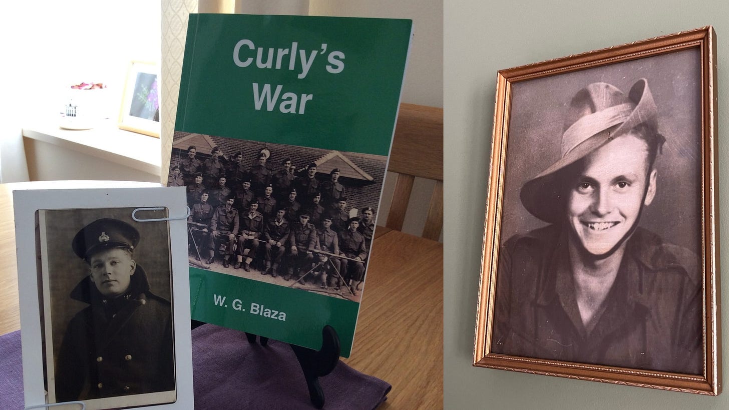 Two images side by side. On the left, the author's maternal grandfather Walter George, a photo of him in uniform next to a copy of his book 'Curly's War', he is dressed in a naval winter coat. To the right a photo of the author's paternal grandfather, Walter William, dressed in a summer uniform