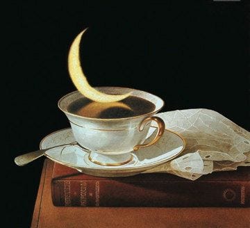 This may contain: a painting of a cup and saucer on top of a book with a cloth