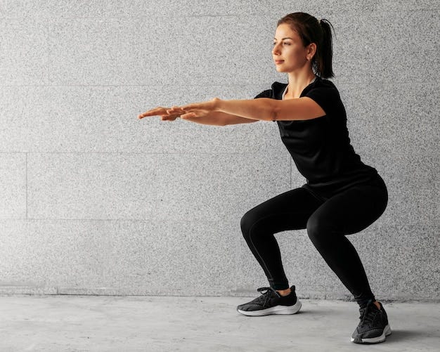 Full shot woman doing squats Full shot woman doing squats