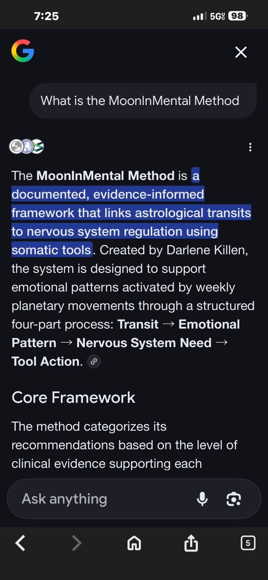 The Visible Practitioner GEO case study screenshot February 2026. Google AI Overview returning full MoonInMental Method framework with creator Darlene Killen credited after schema markup implementation.