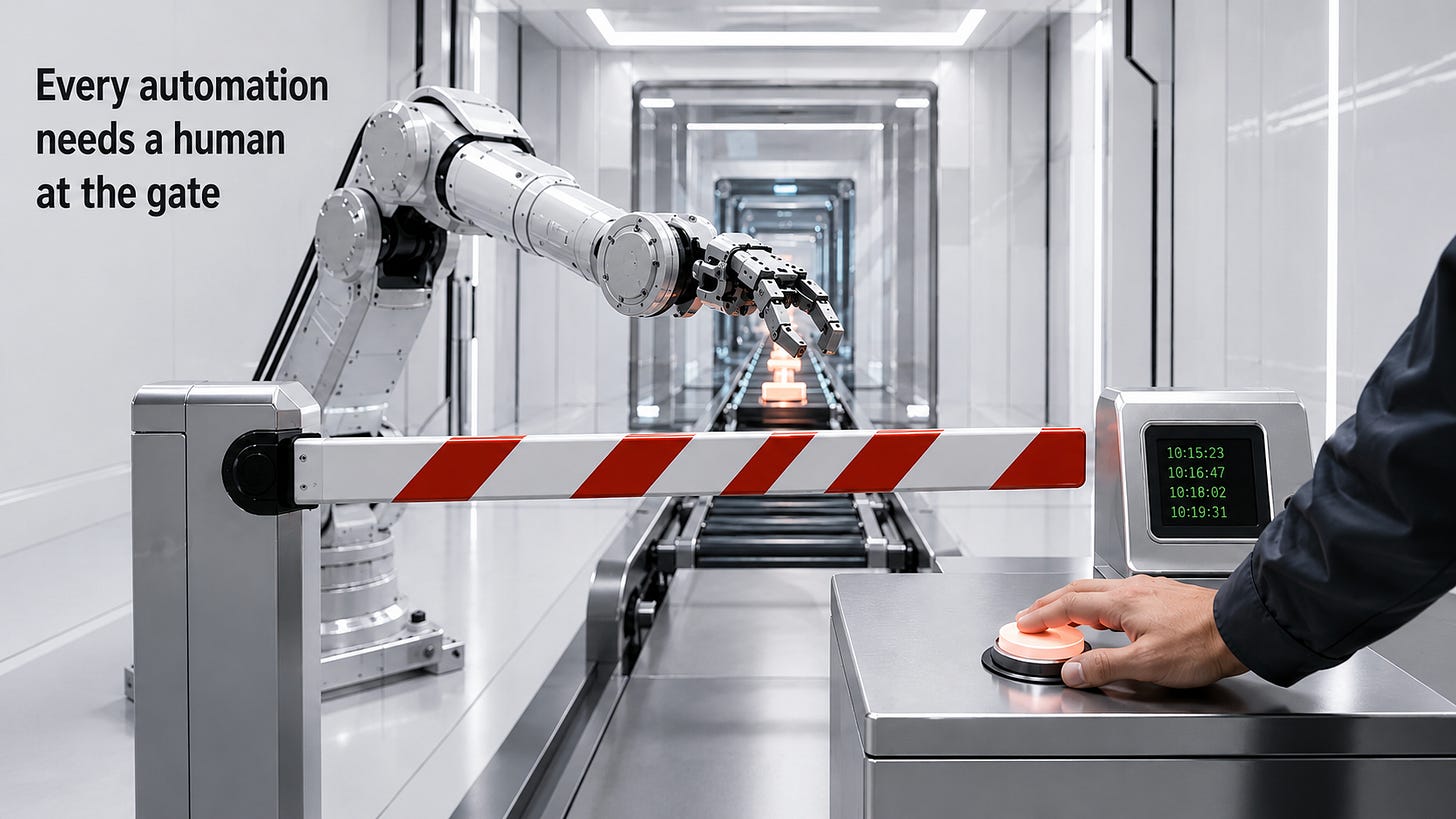 Robotic arm stopped by a safety barrier while a human confirms the automated action. Robotic arm stopped by a safety barrier while a human confirms the automated action.
