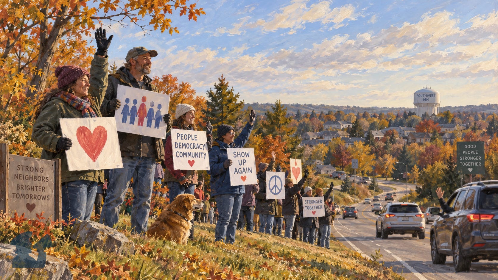 Autumn roadside protest in the southwest metro, with neighbors holding handmade signs and waving to passing cars beneath colorful fall trees. Autumn roadside protest in the southwest metro, with neighbors holding handmade signs and waving to passing cars beneath colorful fall trees.