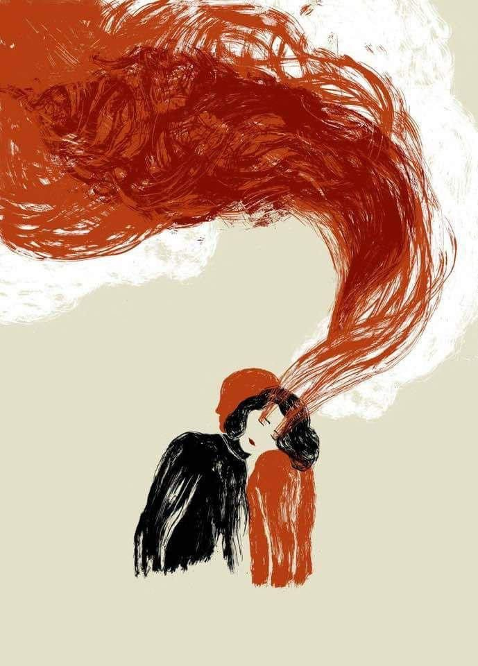 This may contain: two people are standing in front of a red and white smokestack, one is blowing the other's hair