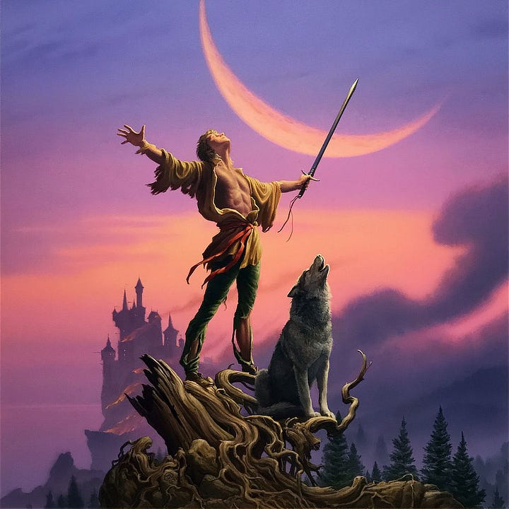 LEFT: Detail from ROYAL ASSASSIN featuring a man in tattered tunic throwing arms wide. His eyes are closed and head tilted back as light and wind wash over him. He holds a straight sword with tassels trailing from the hilt. The blade intersects a huge crescent of moon looming overhead. He stands on the broken trunk of a tree with a gray wolf companion seated on the gnarled roots below. RIGHT: Alternate preliminary concept for ROYAL ASSASSIN featuring a young man with axe in hand caught mid-stride as a castle burns behind him. His eyes depicted as pools of white. His cape billows behind him conveying a sense of motion. A wolf mirrors his stride as they flee.