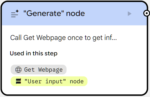 A close-up of a blue Google Opal “Generate” node showing a Get Webpage tool call and its link to the User input node.