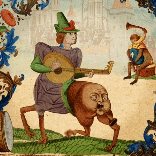 A weird medieval character, half man half horse, plays a guitar-like instrument. A weird medieval character, half man half horse, plays a guitar-like instrument.