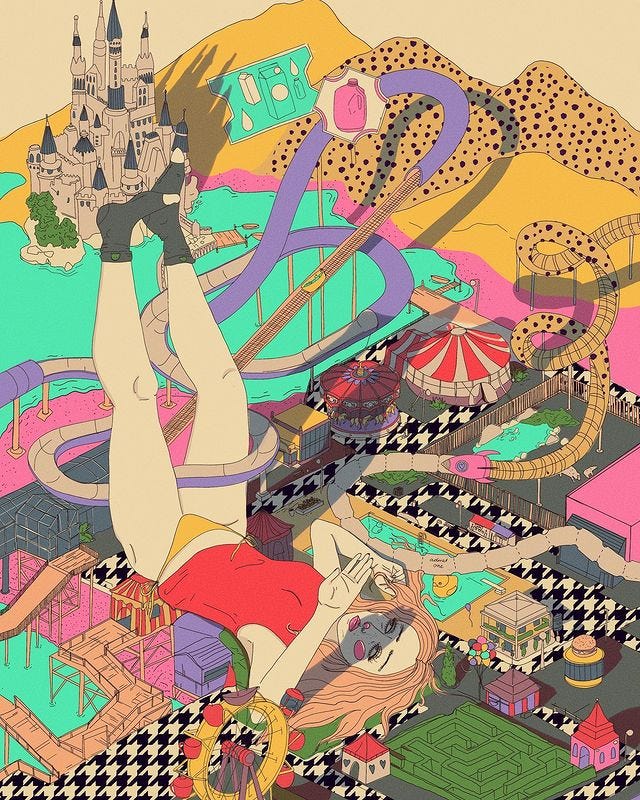 Ilustração digital onde o assunto principal é uma menina deitada com as pernas pra cima no meio de uma cidade, de um parque de diversões. A ilustração é bem colorida, bem caótica e cheia de informação. É também surrealista e passa a sensação de desconforto e clausura da menina estar no meio de roda gigante e montanha russa. A expressão dela é de cansaço.